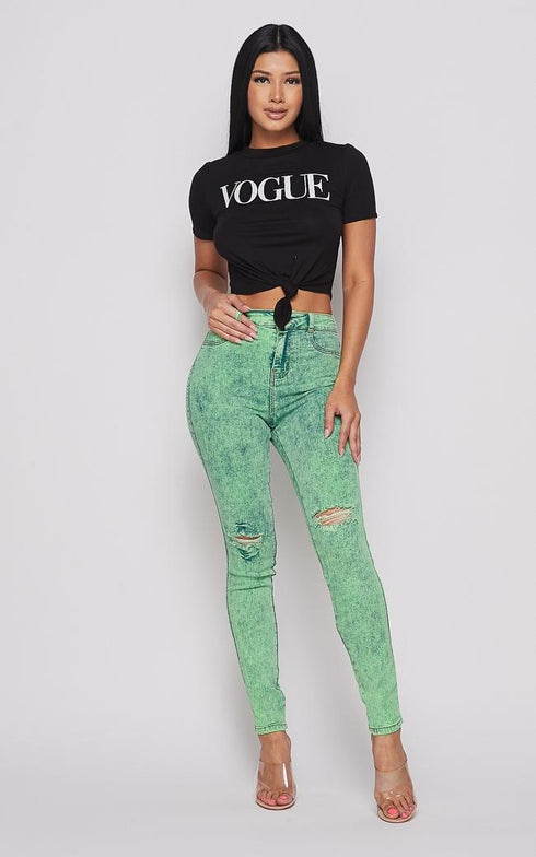 Acid Wash Slightly Ripped Stretchy Skinny Jeans - Green - SohoGirl.com